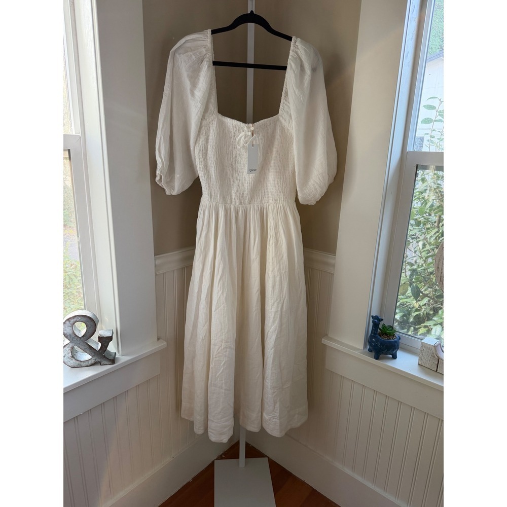 NWT Quince Organic Cotton Gauze Smocked Square Neck Midi Dress White Large - Picture 3 of 12
